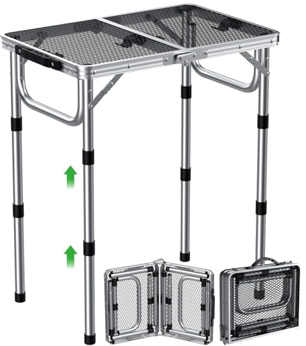GARLLEN Mesa Plegable de 2 pies, Mesa de Camping de Altura Ajustable con Mesa de Malla Resistente al Calor, mesas portátiles de Aluminio para Exteriores, para Barbacoa, Camping, Picnic, 22.8 Pulgadas