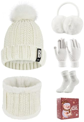 Tuopuda Cappello Sciarpa e Guanti Touch Screen Donna Invernali Berretto in Maglia 5 Pezzi Beanie Hat Scaldacollo Calzini Ispessiti Paraorecchie Earmuffs di peluche, Bianca con scatola regalo
