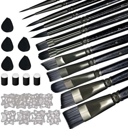 Professional Face Paint Brushes Set, 12 Piece Art Brush Kit with 8 Reusable Stencils and 9 Sponges for Acrylic, Oil, Watercolor, Tempera Painting (Black)