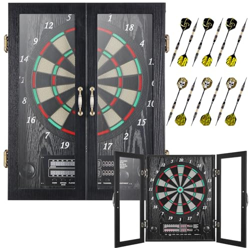 Yirinatek Diana electrónica decorativa, juego de armario [12 dardos de punta suave de bronce] [modo de juego de cricket], disco profesional E con puertas de armario de madera – Ventana