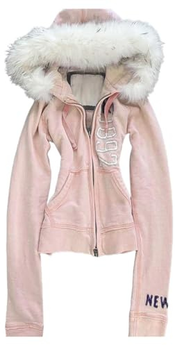 ORANDESIGNE Sudadera con Capucha y Cremallera para Mujer Chaqueta de Invierno con Cuello de Piel Sintética Ropa Urbana Grunge Vintage Y2K