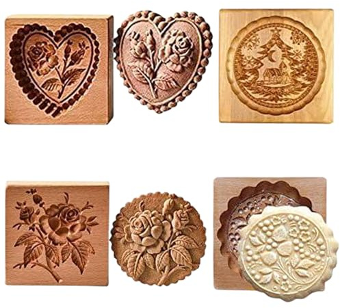 Moldes de madera para galletas con patrones tallados en 3D, 4 unidades, sellos de galletas antiadherentes, moldes reutilizables para hornear, 3, 9
