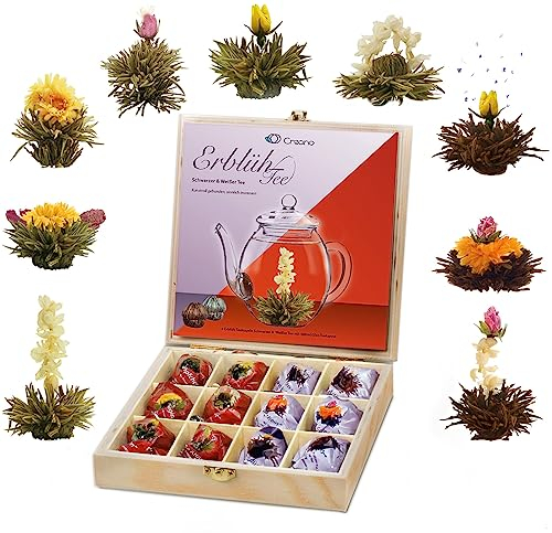 Creano Teeblumen Geschenkset in Teekiste aus Holz 12 Erblühtee in 9 Sorten Weißtee & Schwarztee, Geschenk für Frauen, Mutter, Teeliebhaber