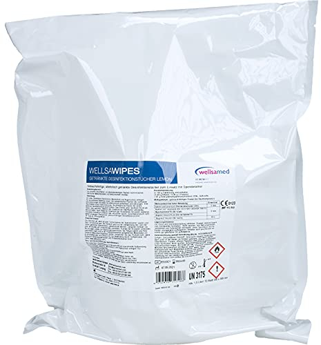 wellsamed wellsawipes getränkte Desinfektionstücher Wipes lemon, Hygienetücher zitrus, gebrauchsfertig, alkoholische Wischtücher, 70 Blatt auf Rolle, Duft: Zitrone