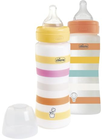 Chicco Set de 2 biberones WELL-BEING, Biberón Anticólicos de Flujo Rápido, Biberón para Bebés 4+ Meses con Tetina Physio de Silicona Suave y Acabado Soft Sense, Biberón de Plástico de 330 ml, Niña