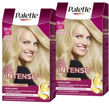 Palette Crema intensiva de coloración 10-0/200, rubio natural claro (2 x 115 ml), tinte permanente para el cabello brillante y duradero y cobertura 100% de canas