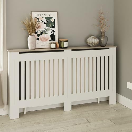 GFW Longslow Large White Radiator Cover Slatted Wood Design Top Shelf Display Living