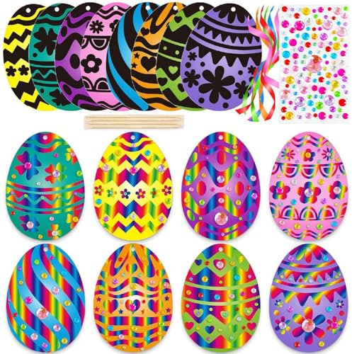 Ostern Kratzbilder für Kinder,24pcs Regenbogen Scratch Art Set,Ostereier Basteln Kratzbilder für Kinder,Ostern Kratzpapier Bastelset mit Aufkleber,Holzstäbchen und Bunte Bänder für Ostern Dekoration