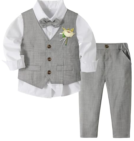 Volunboy Baby Boys 4-Piece Formal Suit, Toddler Waistcoat Wedding Party Birthday Dress Gentleman Suit (Grey, 2-3 Years,Tag Size 100)