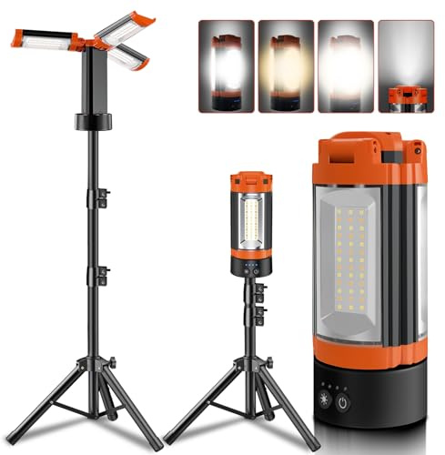 Rechargeable 12000mAh Camping Light with Adjustable Stand, Cordless Work Light with 3 LED Lamp Heads, 2200 Lumens Dimmable Magnetic Emergency Flashlight with Detachable Tripod, Orange