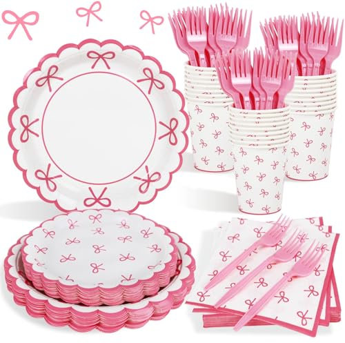 Heboland Piatti di Carta Rosa Fiocco, 100pcs Decorazioni Compleanno Fiocco Coquette Piatti e Bicchieri per Feste di Compleanno Fiocchi Rosa per Donne Ragazze Addio al Nubilato - 25 Ospiti