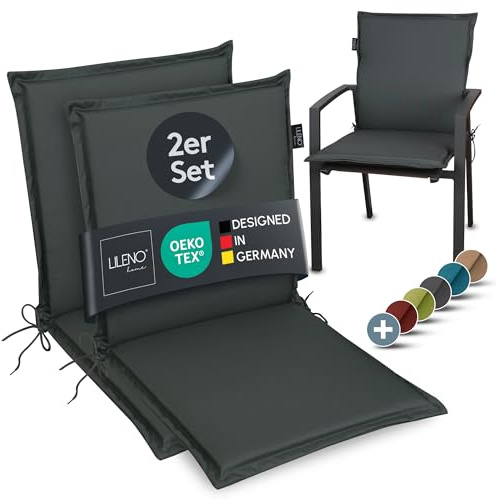LILENO HOME Gartenstuhl Auflagen [2er Set - Niedriglehner] in Anthrazit - Bequeme Liegen als Sitzauflagen für Gartenmöbel - Stuhlkissen für Gartenstühle und Klappstühle MIA