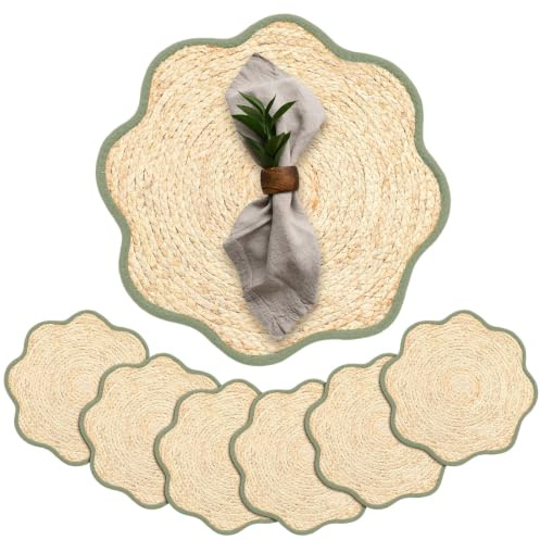 Jingmore 6 Pcs 15 Inch Handwoven Placemats Natural Straw Hand Woven Farmhouse Mats for Dining, Rustic Farmhouse Style for Indoor, Outdoor Use(Green,Scalloped Edge)