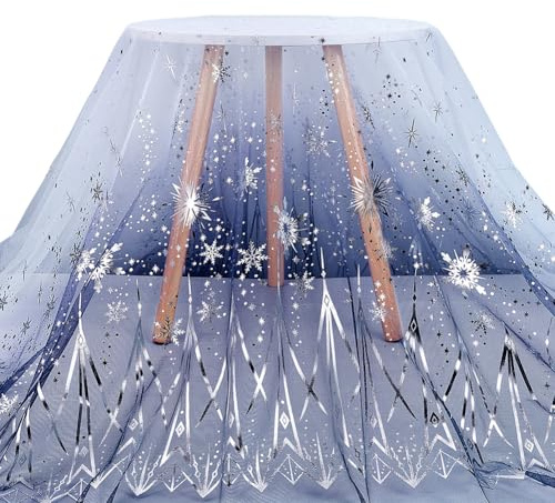BENECREAT 3 m x 160 cm (3,2 m x 63 tum) stämplat silver snöflinga tyg – marinblå, tyll, spets, polyester material för bröllopsdekorationer, tutu-klänning, cosplay och heminredning