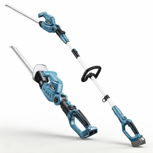 Cortasetos telescópico con batería 2 en 1 con accionamiento por barra, 50 cm de cuchilla doble, barra telescópica, tijeras eléctricas para arbustos y arbustos, sin batería