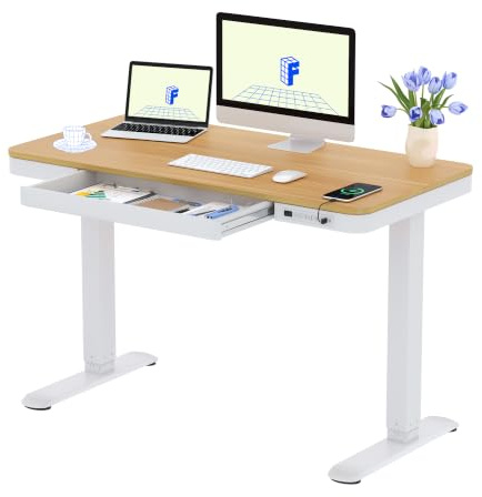 FLEXISPOT Q3 Standing Desk, Home Office Electric Height Adjustable Sit-Stand Desk with Drawer & Fast USB Charger (Maple, 120 x 60 cm)