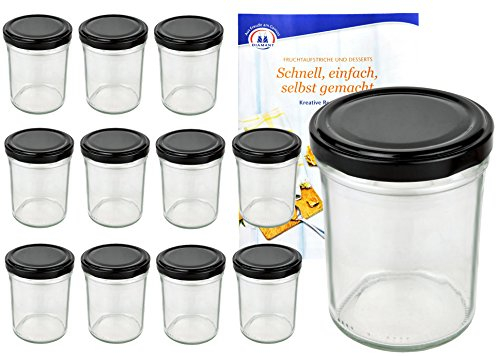 MamboCat 12er Set Sturzgläser 230 ml Hoch Deckelfarbe schwarz to 66 inkl. Diamant Gelierzauber Rezeptheft, Marmeladengläser, Einmachgläser, Einweckgläser, Gläser