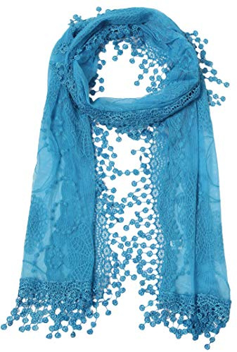 Cindy and Wendy Lightweight Soft Leaf Lace Fringes Scarf shawl for Women, Blue, One Size
