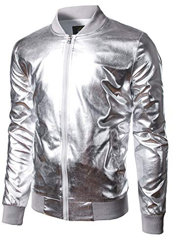JOGAL Mens Metallic Nightclub Styles Zip Up Varsity Baseball Bomber Jacket Costume Medium A300 Silver