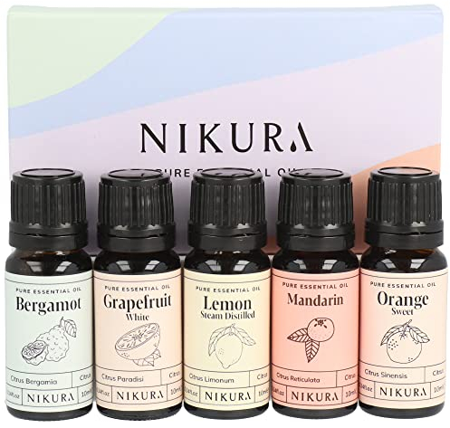 Nikura Citrus Essential Oil Gift Set | for Diffusers for Home, Clean, Skincare, Anxiety | Bergamot, Grapefruit, Lemon, Mandarin, Orange | Aromatherapy, Candle Scents, Soap Making | 5 x 10ml | UK Made