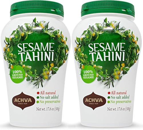 Achva Sesame Tahini Paste - Pack of 2 x 500G Roasted & Pure Stone Ground Ethiopian Sesame Seeds - Rich Creamy Taste for Hummus & Tahini Sauce - Kosher, Vegan, Gluten Free, Peanut Free & Non-GMO