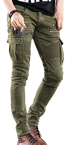 Klassisk motorcykelåkning ribbade jeansbyxor motorcykel jeans flera fickor smal passform cargo arbetsjeans byxor med multidragkedja, Armégrönt, 42 SE