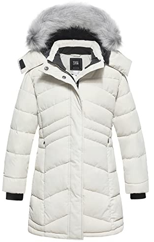 ZSHOW Cappotto con Cappuccio Antivento Giacca Lunga Caldo Invernale Giubbotto Idrorepellente Casual Parka da Viaggio Spesso Bambina Bianco 140-146