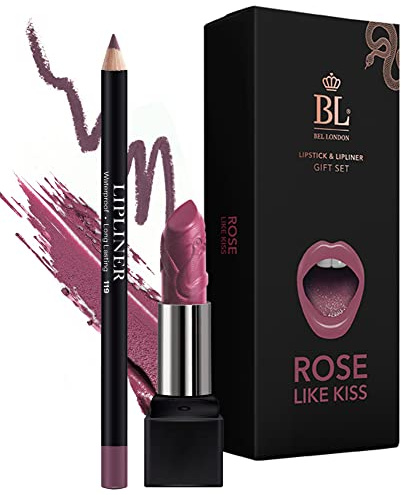 BL Color Matched Rose Lip Liner & Lipstick Set - Full-Coverage Argan Long Lasting Lipstick and Lip Liner Set With Natural Oils for Nourishment, Hydration, & Protection