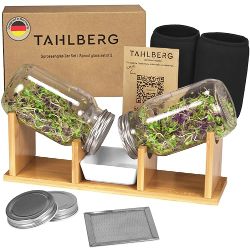 TAHLBERG Sprossenglas 2er Set – hochwertiges Sprossenglas Keimglas Set aus Bambus + Kressesieb & Keimschale – inkl. Deckel, Abdeckhüllen & Anleitung – Keimglas für Sprossen