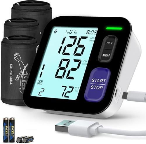 Blood Pressure Machine Upper Arm, 3 Size Cuffs, Small 7-9, Medium/Large 9-17 and Extra Large X-Large Cuff 13-21, Accurate Automatic Digital BP Monitor Home Use, 4 AAA Alkaline Batteries Included