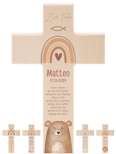 wunderwunsch® - Personalisiertes Taufkreuz mit hochwertigem Spezial-Druck aus massivem Buchenholz - Taufe Geschenk - Holzkreuz Taufe (Bär)