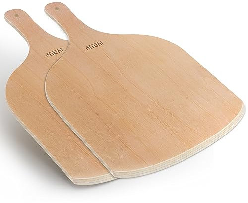 NUTUNI Pizzaschieber aus Holz 2er-Set, Schneidebrett für Pizzaofen, Stein, Pfanne oder Grill, Pizza-Wender zum Backen von Brot und Kuchen drinnen & draußen