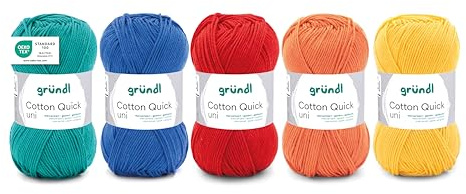 Gründl Filato Cotton Quick uni - filato sottile per uncinetto e maglia - filato lucido e delicato sulla pelle - 100% cotone - 5 gomitoli da 50 g / 125 m - ferri e uncinetto n. 3-4 - Mix Colorato