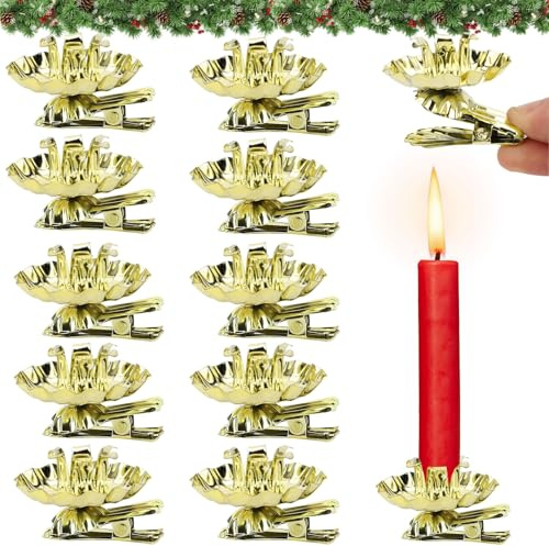 10 portavelas de árbol, portavelas para árbol de Navidad, clip para velas de árbol, mini portavelas para árbol de Navidad, portavelas vintage dorado con clip para bodas, celebraciones, fiestas,