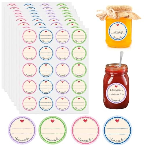Xinfin 600 Pcs Jam Labels for Jars, Jam Jar Labels Self-Adhesive Easy Peel Off, Homemade Label for Crafts Canning Label, Price Tags, Kitchen Food Bottle, 4 Patterns (38mm)