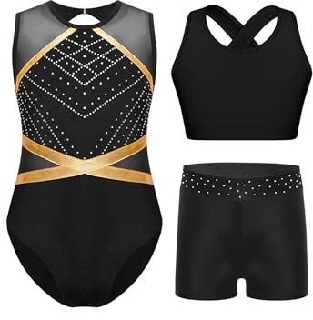 inhzoy Flicka gymnastikdräkt med korta byxor glitter ärmlös mesh gymnastik jersey shorts och linne topp 3 danskläder set, svart, 170