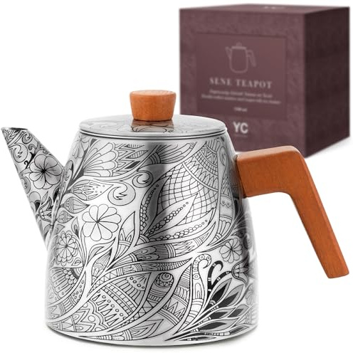 YC Yang Chai Teiera in acciaio inox con filtro (1,1 L) – Teiera termica a doppia parete – Teiera con colino in acciaio inox 304 – Teiera con manici in legno di quercia – Teiera per tè sfuso