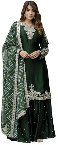 TRENDMALLS Women's Satin Embroidery Kurta Palazzo with Dupatta Set