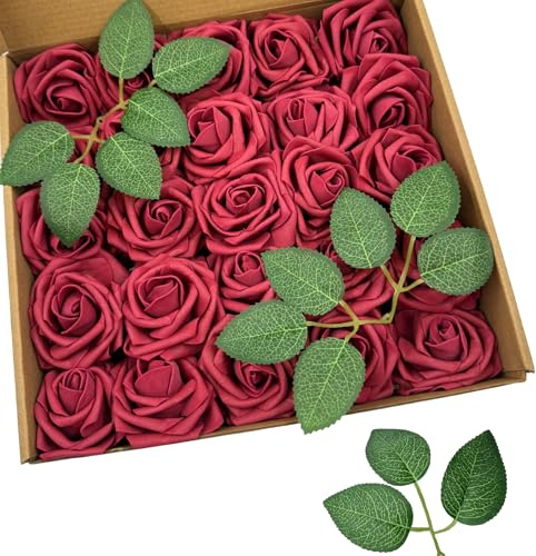 BOVUN 25pcs Realistic Burgundy Foam Roses with Stems for DIY Wedding Bouquets, Bridal Shower, Party & Valentine’s Day Decorations, Table Centerpieces & Floral Arrangements