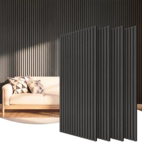 TONOR Akustikpaneele holz, 4 Stück 120 x 60cm - 2,88m² Wandpaneele holz Holzpaneele wand als Schallschutzplatten, Wandverkleidung Holzoptik für Wanddeko Wohnzimmer, Büro, Küche, Schwarz
