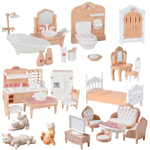 RNPKZ Juego de muebles para casa de muñecas, 35 piezas, muebles de madera para casa de muñecas en miniatura, accesorios para casa de muñecas, juguetes para niños, niñas y niños pequeños