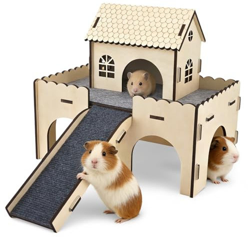 Grande casa per porcellini d'India 3 in 1, in legno, XXL a 2 piani, nascondiglio con tetto, scale e tappetini, accessori per porcellini di mare, nascondiglio rimovibile per criceti, conigli e cincillà