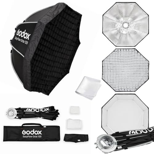 GODOX Softbox Godox EazyFlow Octa 120 Softbox octogonal, modificador de luz portátil de plegado rápido de 47.2 pulgadas con rejilla de panal, soporte Bowens para flash de estudio y luz de video LED