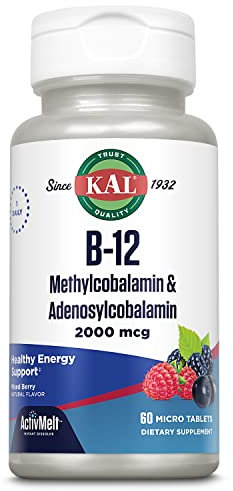 KAL Vitamin B12 Methylcobalamin and Adenosylcobalamin 2000 mcg ActivMelt, B12 Energy Supplements, Metabolism, Nerve, Red Blood Cell Support, High Absorption, Natural Berry, 60 Serv, 60 Micro Tablets