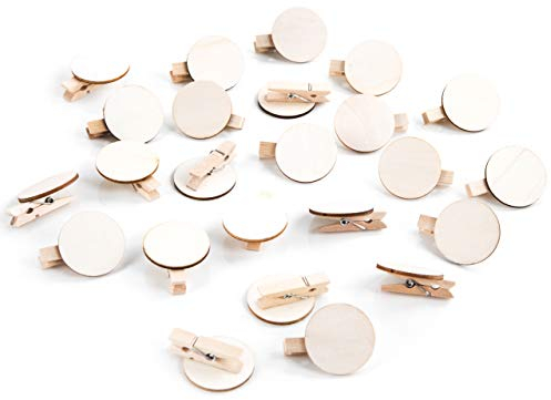 Kleine Holzklammern mit runder Holz-Scheibe, 24 Stück: Mini Wäscheklammern Natur, Holzwäscheklammern Klein, Zum Beschriften, Basteln & für Fotos, Klammern Deko Geschenk, Dekoklammern Tischdeko, 3,5 cm