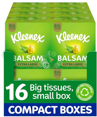 Kleenex® Balsam Facial Tissues - Multipack 16 Compact Tissue Boxes - Balm Tissues Protect and Soothe Your Nose When You've Got a Cold - Balmcare® with Aloe Vera, Vitamin E and Calendula