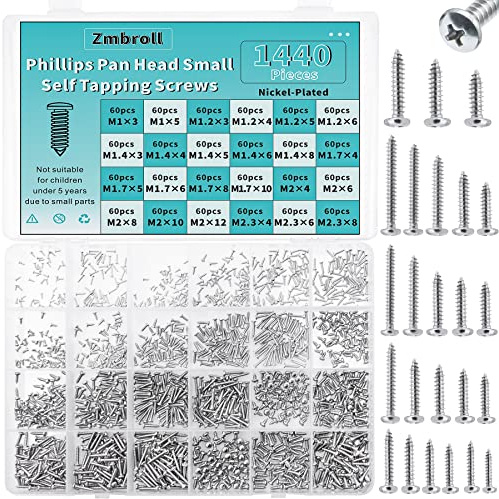 Zmbroll 1440 Pcs Mini Screws - Self Tapping Phillip Pan Head Micro Electronic Screws, M1-M2.3 Silver, 24 Size Assortment