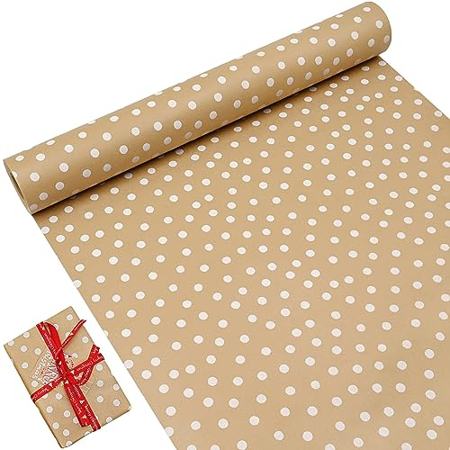 OTMVicor Paquete en Rollo Papel de Regalo de Cumpleaños, Papel Kraft de 43 cm x 15 M Impreso con Puntos Blancos Papel de Regalo Reciclable