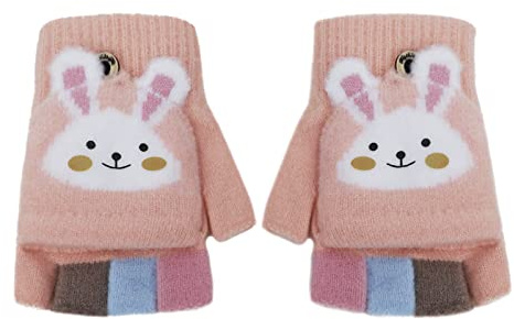 NICEYST Kids Convertible Flip Top Gloves Children Winter Warm Knitted Fingerless Mittens for Boys Girls 6-10 Years Old (Style 3 - Pink)