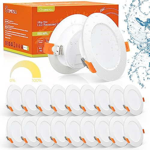 Tomosu 20er Set LED Einbaustrahler 230V Dimmbar, 5W 450LM IP44 Ultra Flach LED Spot Neutralweiß 4000K, Deckenspots Flach 100mm, Einbautiefe 24mm für Wohnzimmer Badezimmer